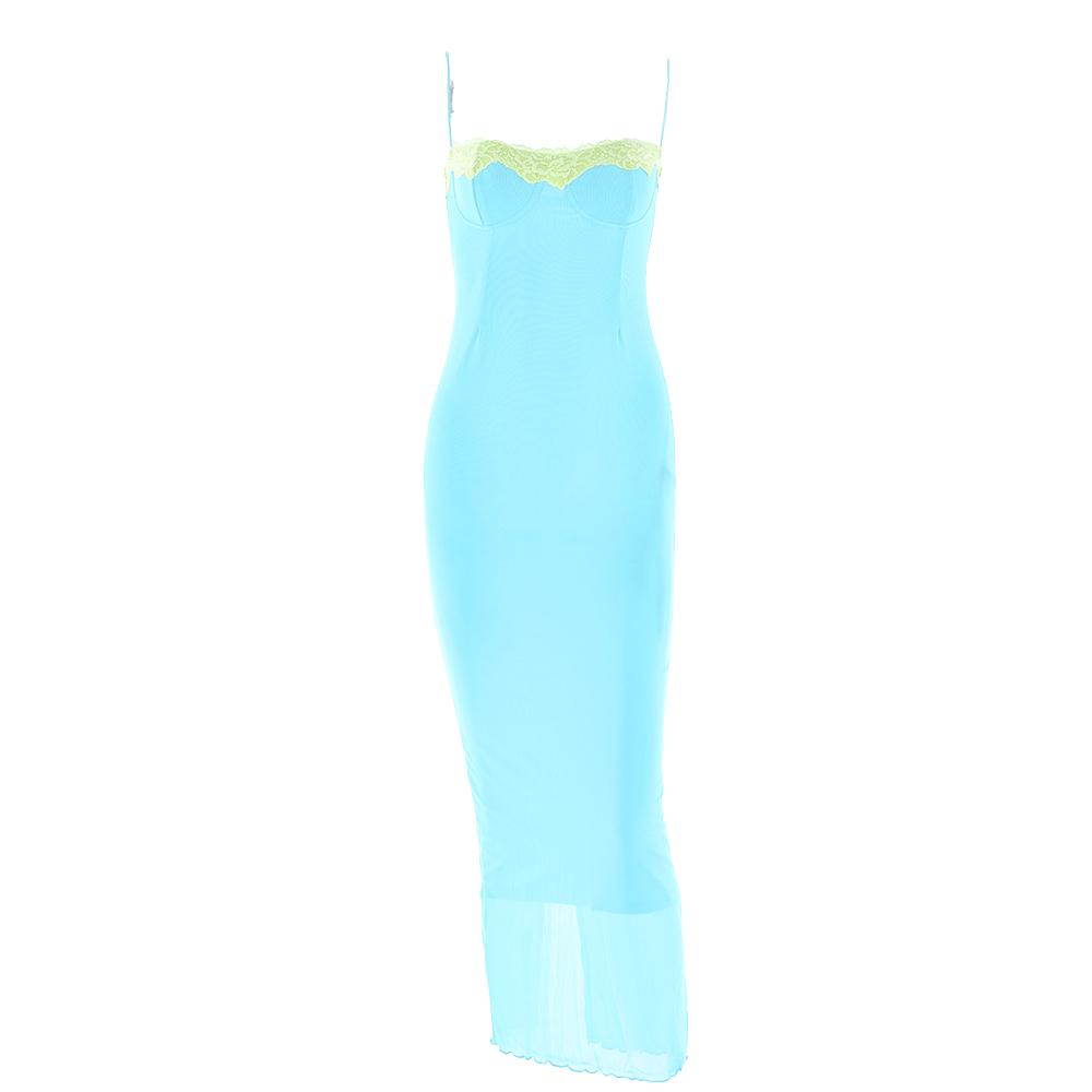 Lace hem patchwork mesh slit cami midi dress  | Festival Outfits Women