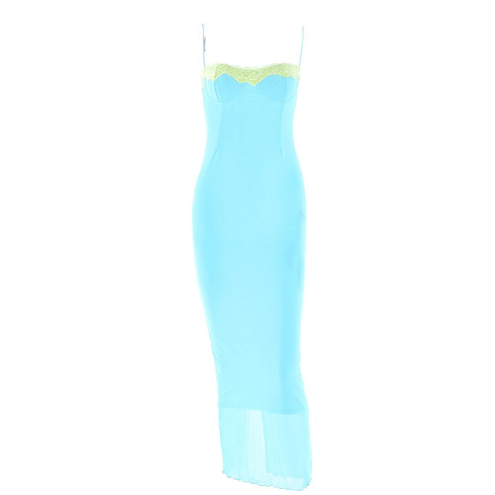 Lace hem patchwork mesh slit cami midi dress  | Festival Outfits Women