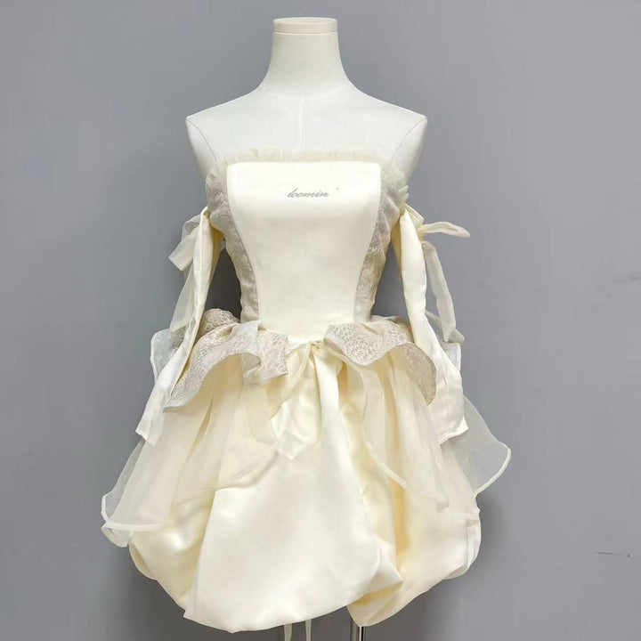 Embroidery ruffle gloves bowknot lace up tube mini dress  | Festival Outfits Women