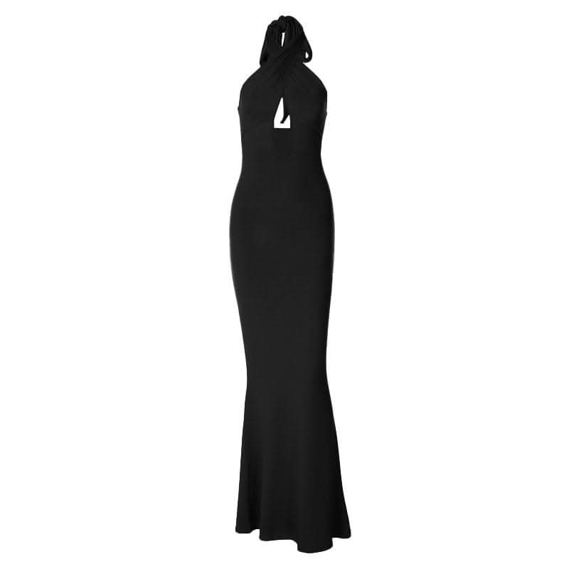 Cross front solid hollow out halter backless 2-way cut out maxi dress-final-sale  | Festival Outfits Women