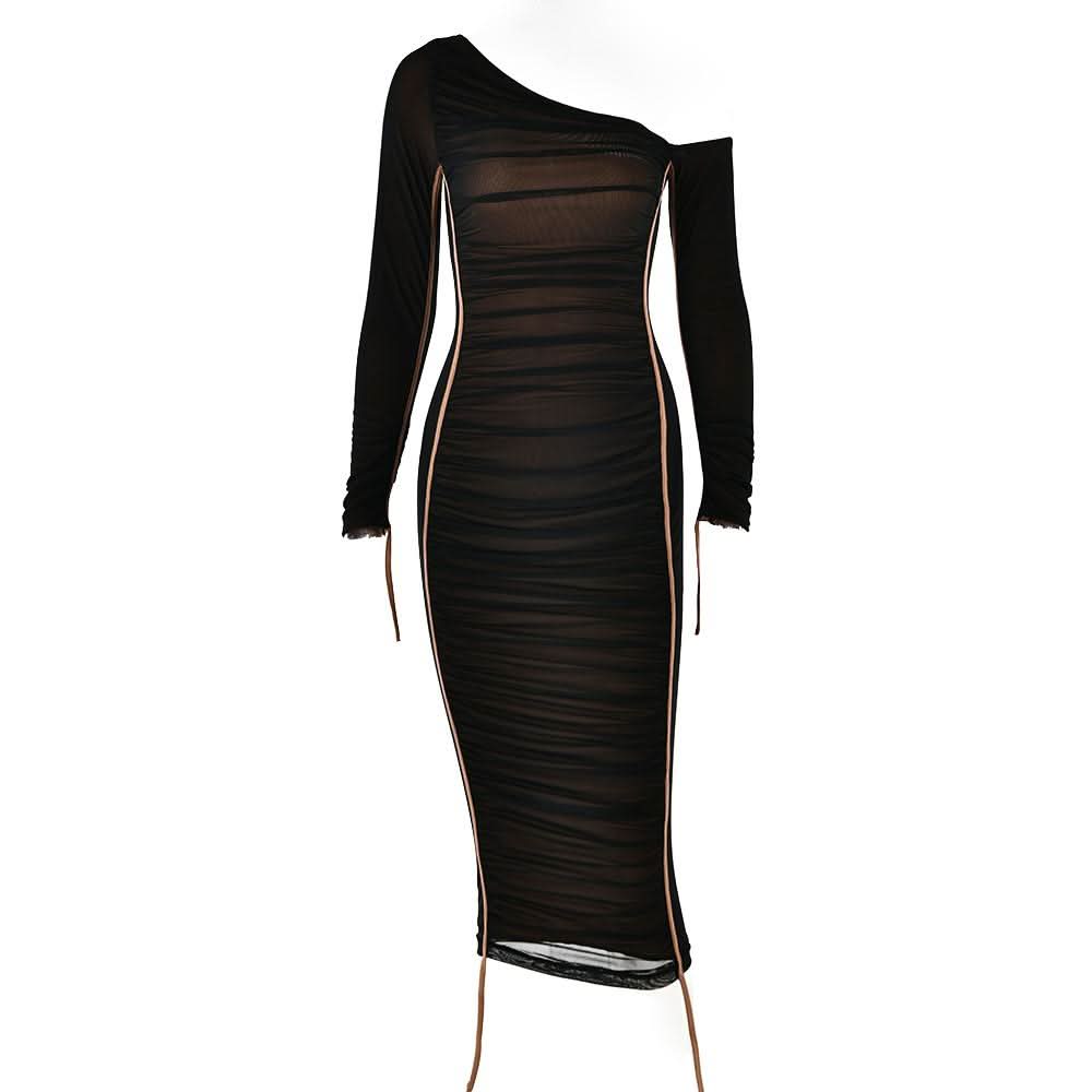Long sleeve one shoulder ruched stitch mesh midi dress-final-sale  | Festival Outfits Women