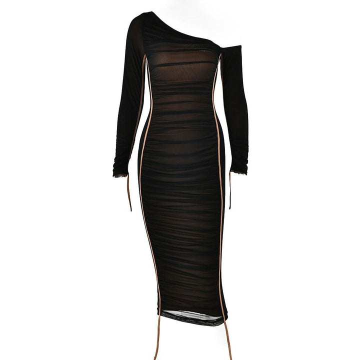 Long sleeve one shoulder ruched stitch mesh midi dress-final-sale  | Festival Outfits Women