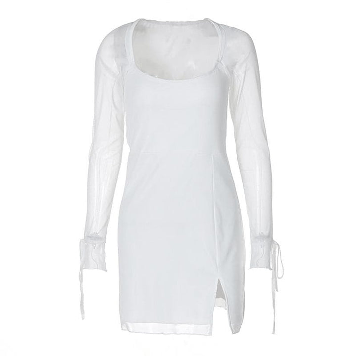 Long sleeve slit mesh square neck mini dress  | Festival Outfits Women