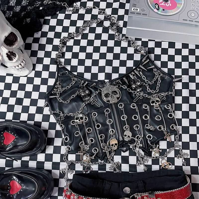 Halter metal chain PU leather skull applique zip-up top  | Festival Outfits Women