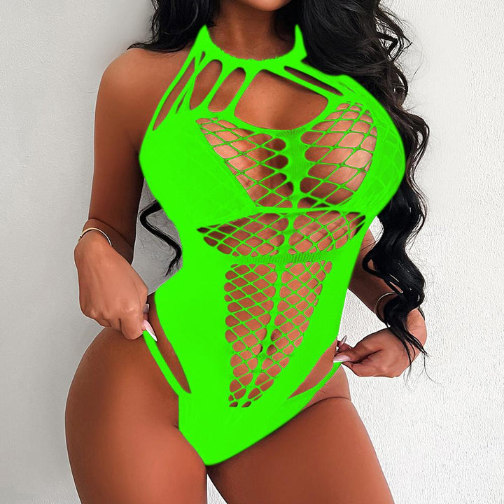 Halter self tie fishnet patchwork backless bodysuit  | Festival Outfits Women