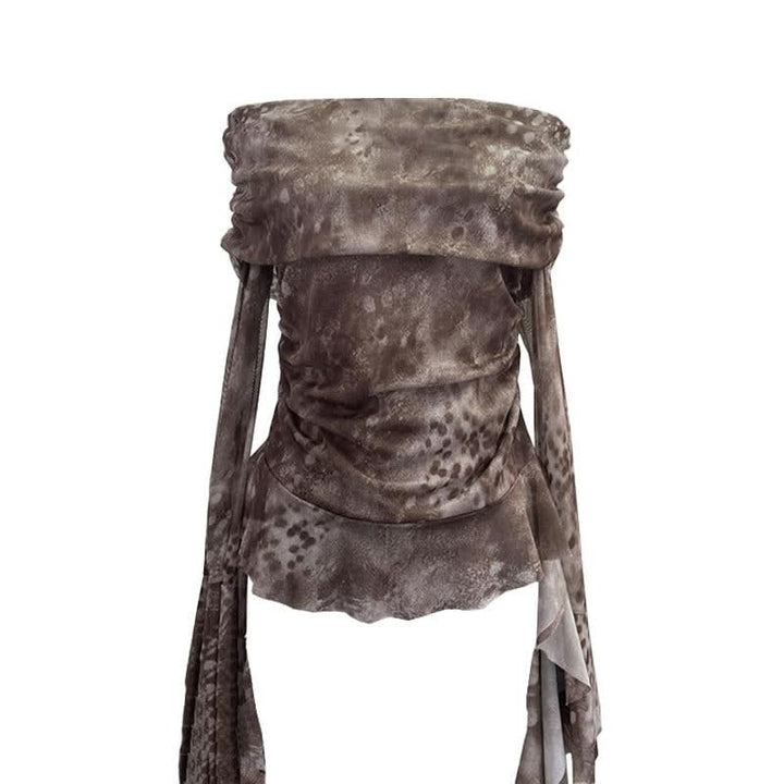 Long sleeve mesh print off shoulder ruched top  | Festival Outfits Women