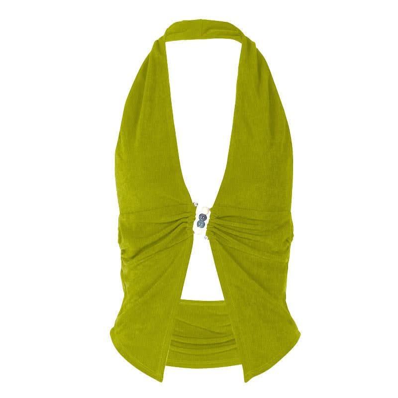 Halter deep V neck beaded ruched slit top  | Festival Outfits Women