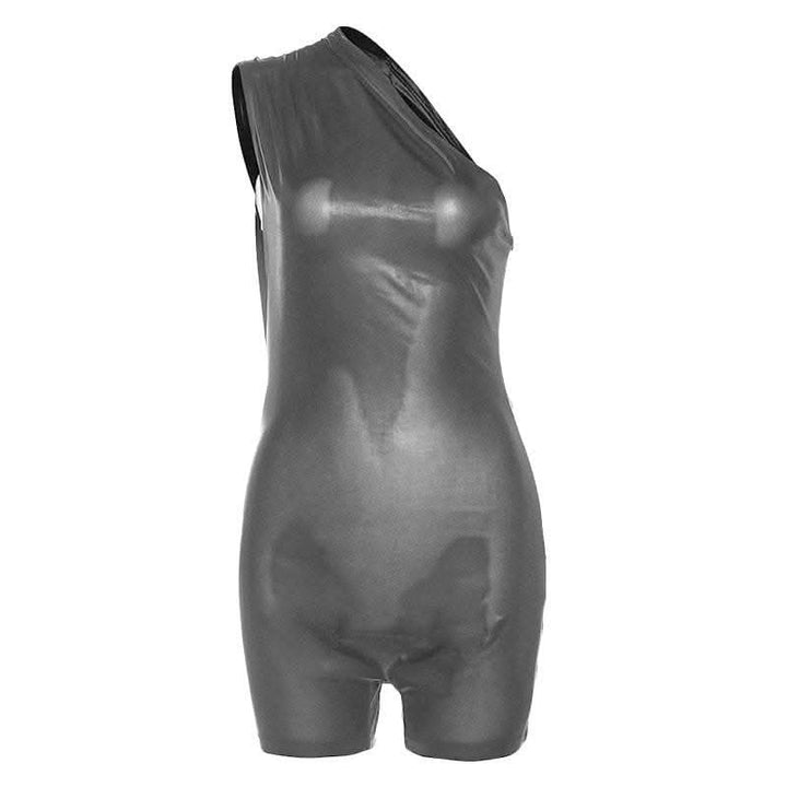 Irregular one shoulder metallic solid zip-up romper-final-sale  | Festival Outfits Women