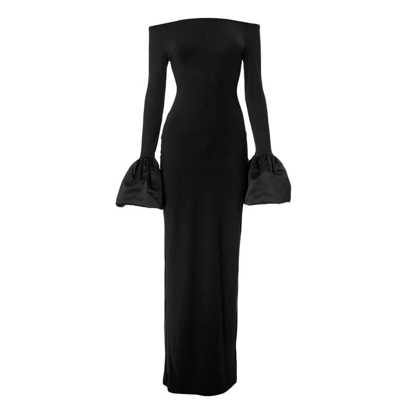 Long flared sleeve off shoulder ruched slit maxi dress-final-sale  | Festival Outfits Women