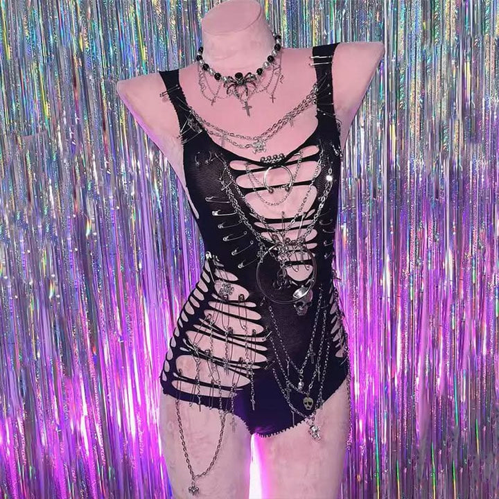 Hollow out metal chain o ring skull applique bodysuit  | Festival Outfits Women