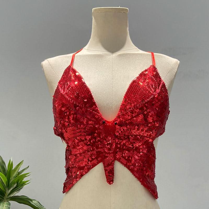 Deep V neck glitter cross back self tie cami top  | Festival Outfits Women