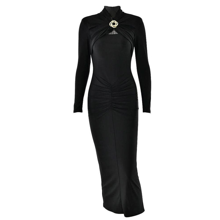 Hollow out long sleeve ruched slit solid cut out midi dress  | Festival Outfits Women