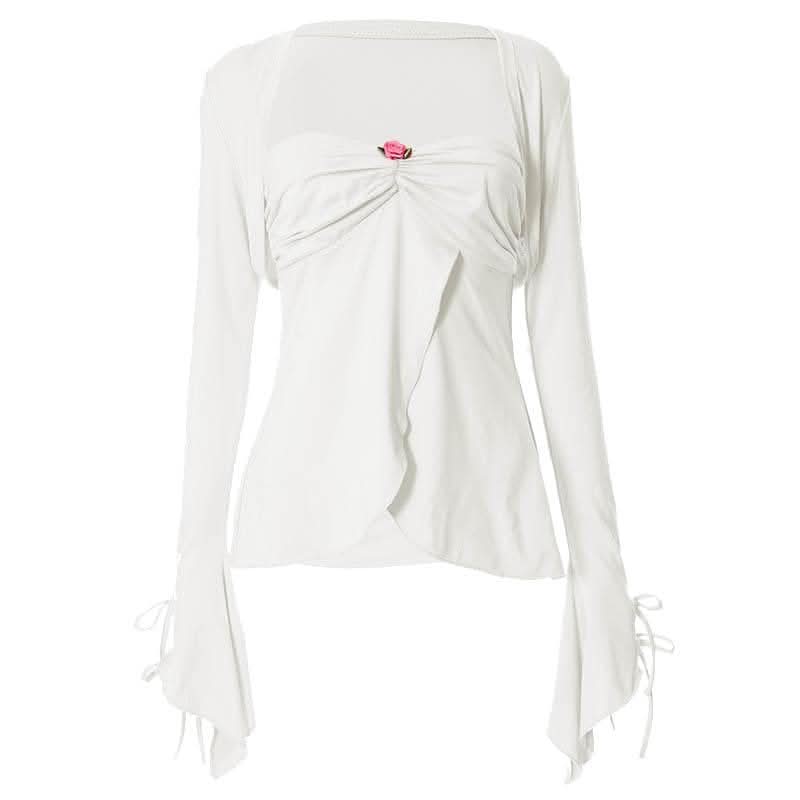 Long sleeve self tie ruched flower applique ruffle solid mini skirt set-final-sale  | Festival Outfits Women