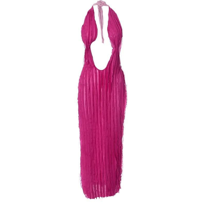 Textured ruffle solid halter self tie v neck backless maxi dress-final-sale  | Festival Outfits Women