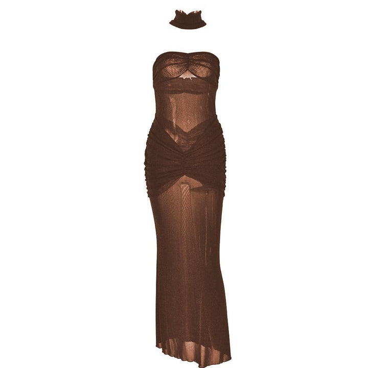 Sweetheart neck ruched see through glitter tube maxi dress  | Festival Outfits Women