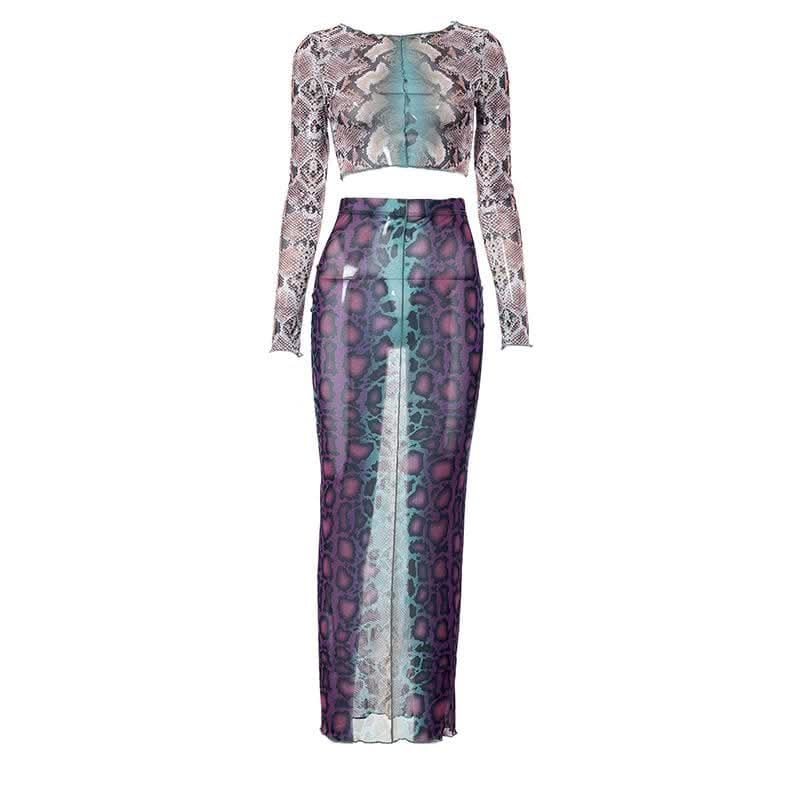 Sheer mesh see through long sleeve stitch contrast maxi skirt set-final-sale  | Festival Outfits Women