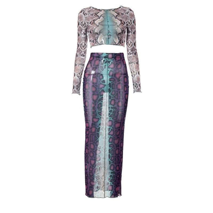 Sheer mesh see through long sleeve stitch contrast maxi skirt set-final-sale  | Festival Outfits Women