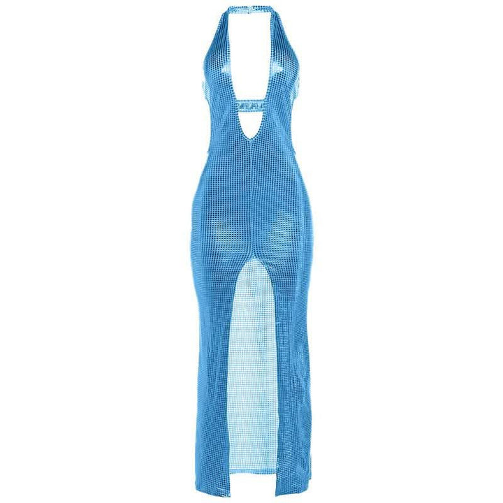 Halter deep V neck slit plaid hollow out cut out maxi dress-final-sale  | Festival Outfits Women