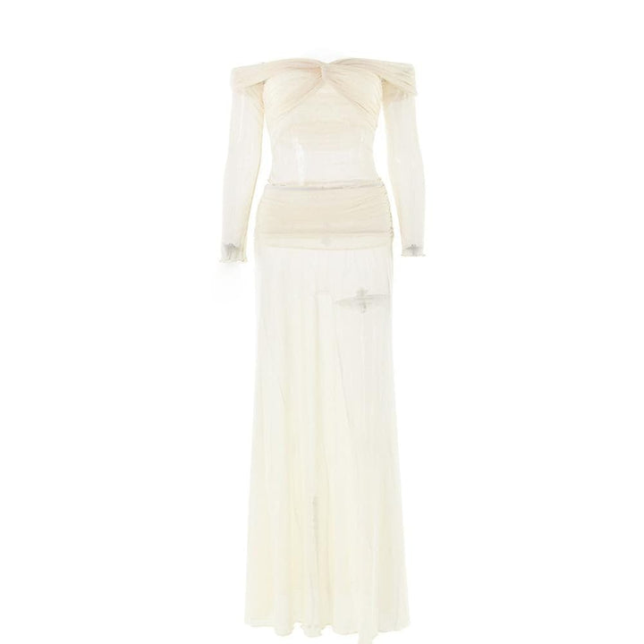Long sleeve off shoulder sheer mesh maxi skirt set  | Festival Outfits Women