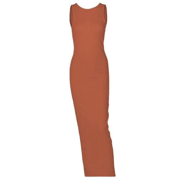 Sleeveless round neck solid backless slit midi dress-final-sale  | Festival Outfits Women