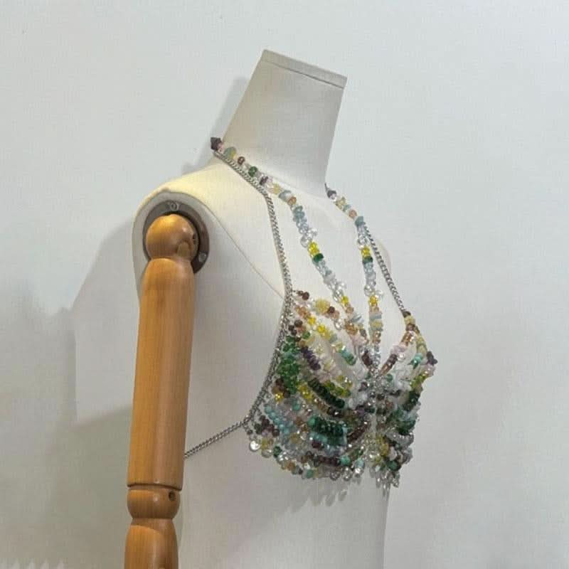 Halter metal chain hollow out beaded cut out top  | Festival Outfits Women