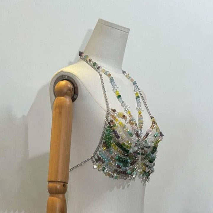 Halter metal chain hollow out beaded cut out top  | Festival Outfits Women