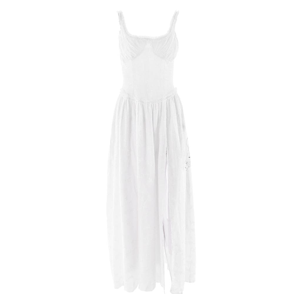 Sweetheart neck ruched textured ruffle cami maxi dress  | Festival Outfits Women