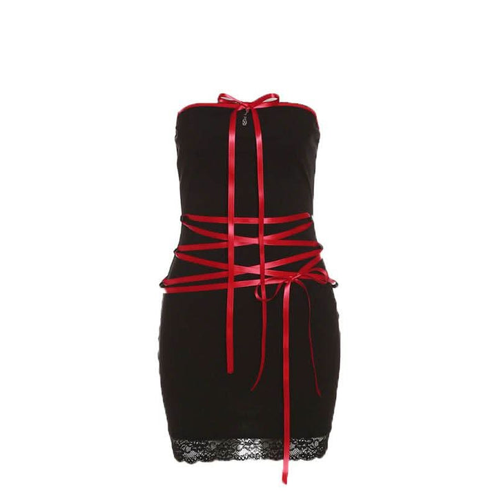 Lace up contrast lace hem bowknot backless tube mini dress-final-sale  | Festival Outfits Women