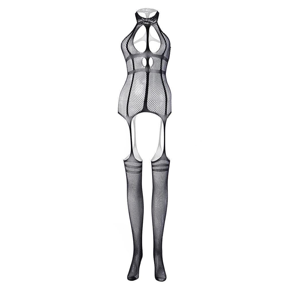 High neck fishnet suspender strappy bodystocking  | Festival Outfits Women