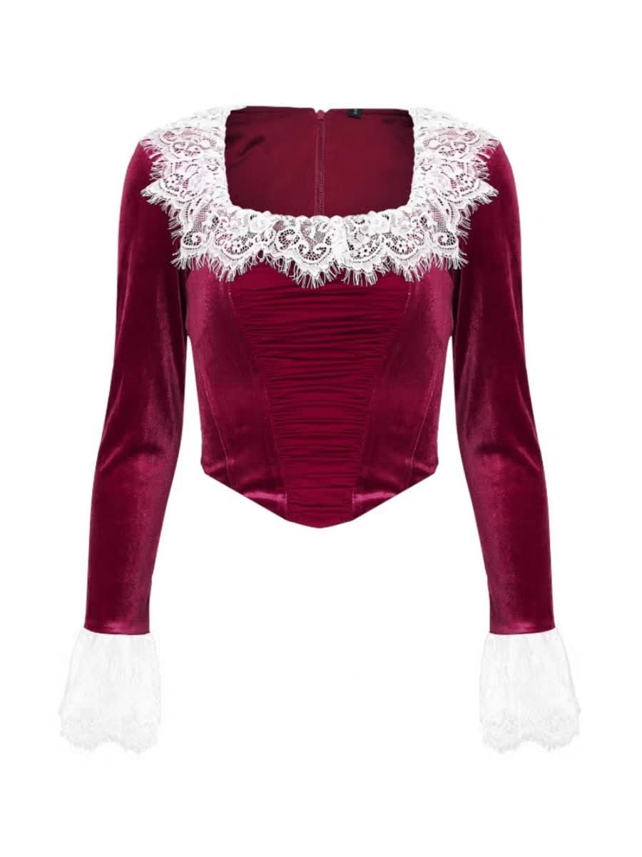 Long flared sleeve lace patchwork velvet zip-up top  | Festival Outfits Women