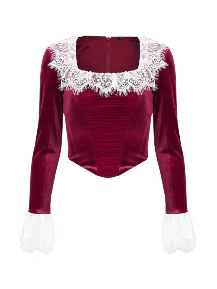 Long flared sleeve lace patchwork velvet zip-up top  | Festival Outfits Women
