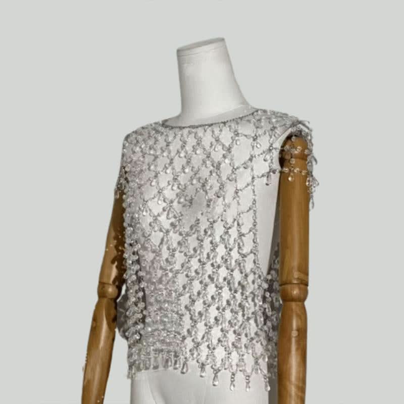 Crewneck crystal hollow out cut out top  | Festival Outfits Women-final-sale