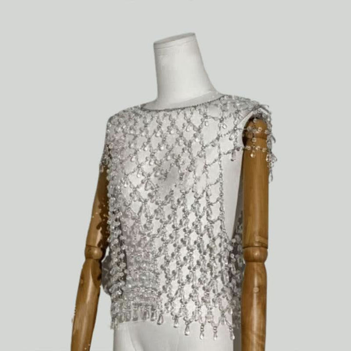 Crewneck crystal hollow out cut out top  | Festival Outfits Women-final-sale