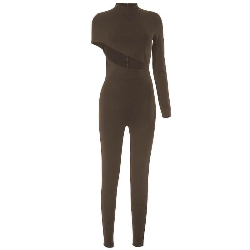 Hollow out irregular long sleeve high neck solid jumpsuit-final-sale  | Festival Outfits Women