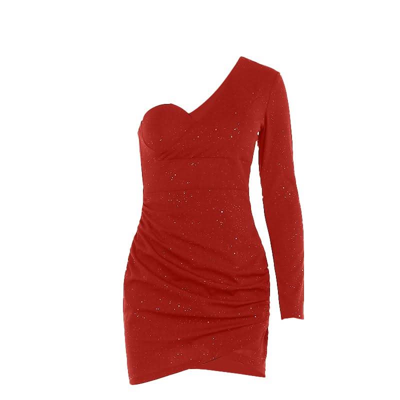Irregular long sleeve one shoulder ruched mini dress  | Festival Outfits Women