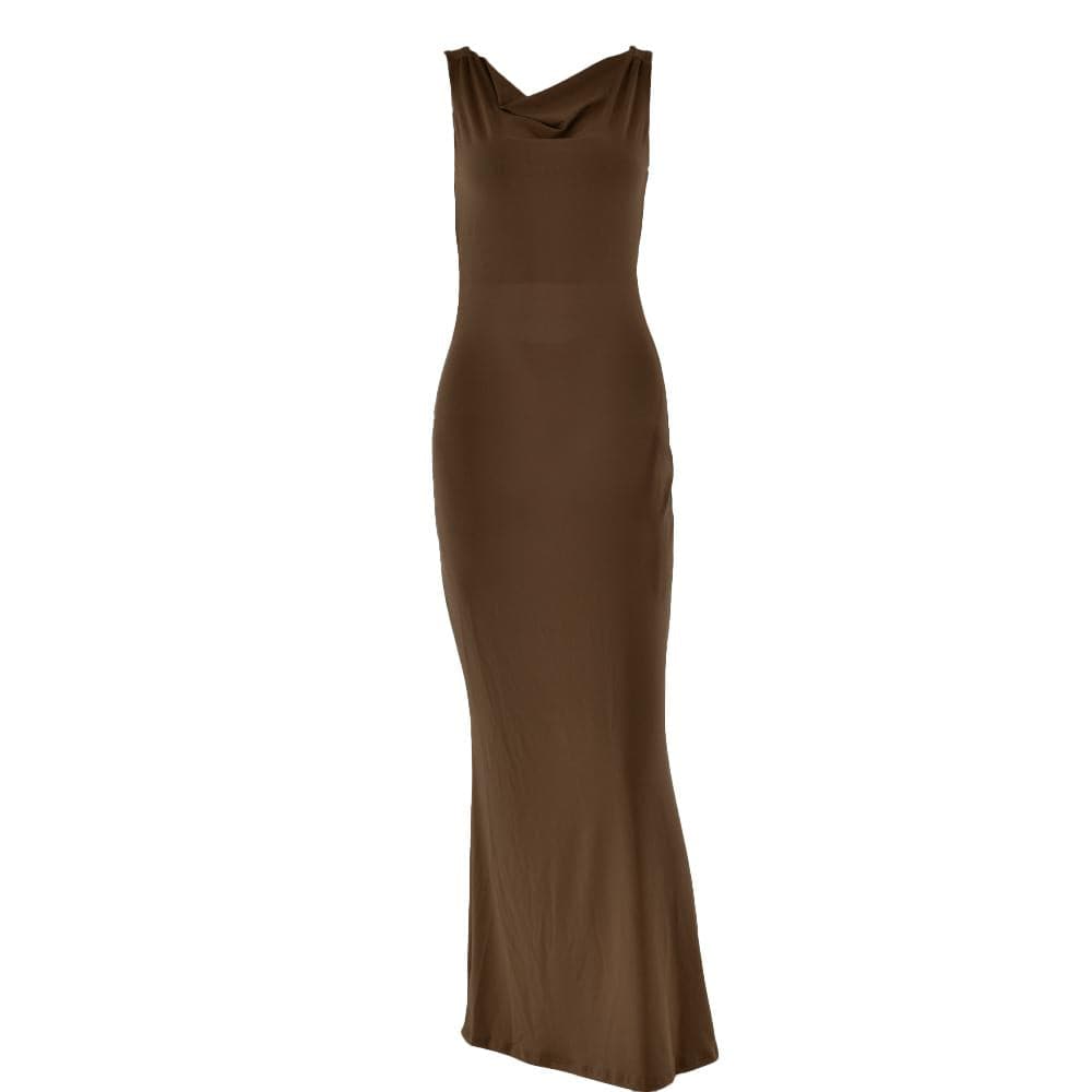Cowl neck solid backless ruched hollow out cut out maxi dress  | Festival Outfits Women