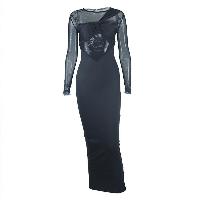 Long sleeve irregular patchwork crewneck mesh midi dress  | Festival Outfits Women