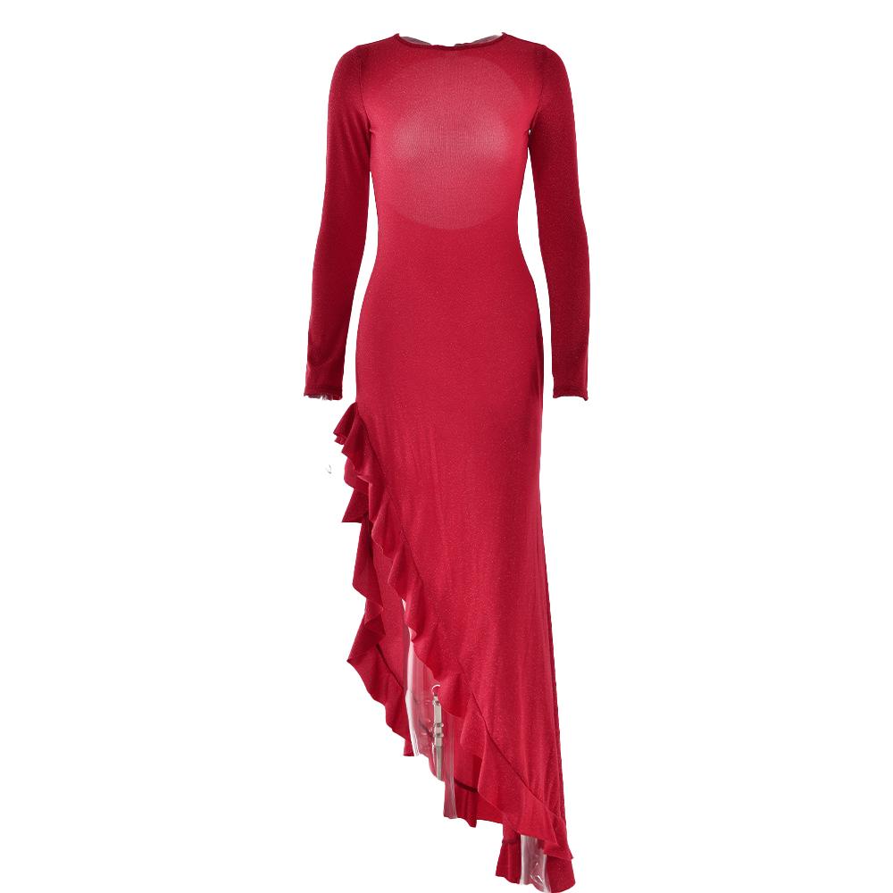 Long sleeve see through glitter irregular ruffle maxi dress  | Festival Outfits Women