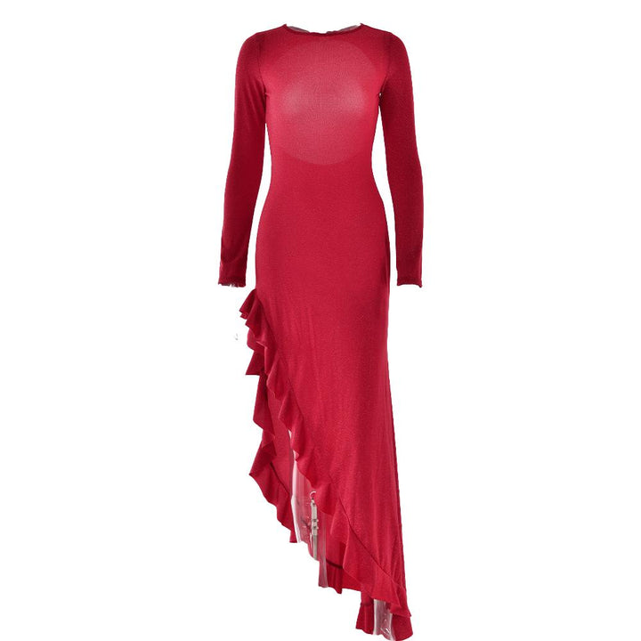 Long sleeve see through glitter irregular ruffle maxi dress  | Festival Outfits Women