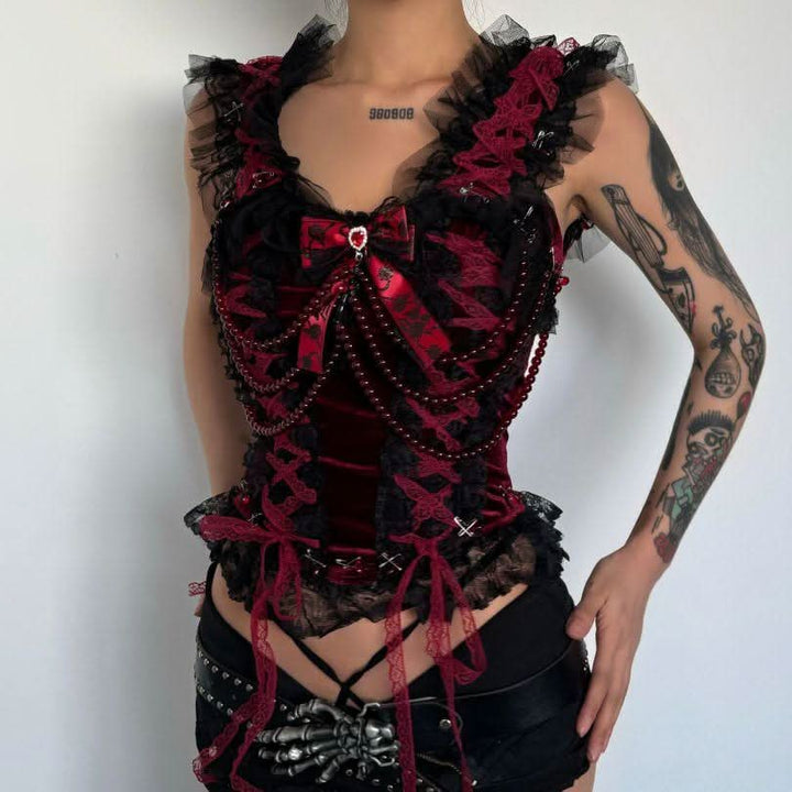 Bowknot beaded lace hem lace up v neck top  | Festival Outfits Women