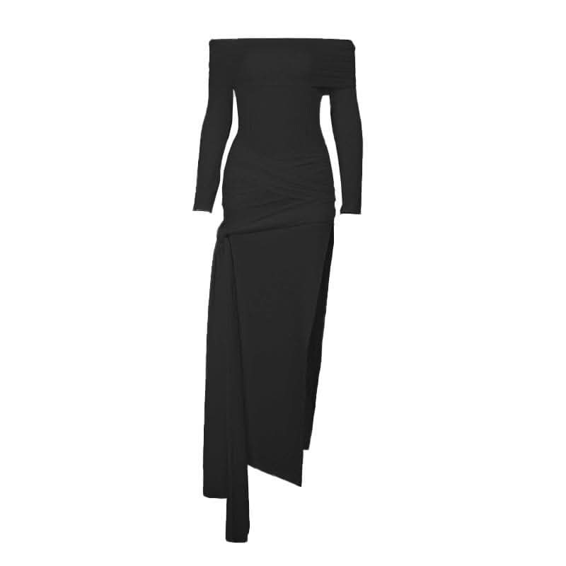 Cross front solid long sleeve off shoulder slit self tie maxi dress-final-sale  | Festival Outfits Women