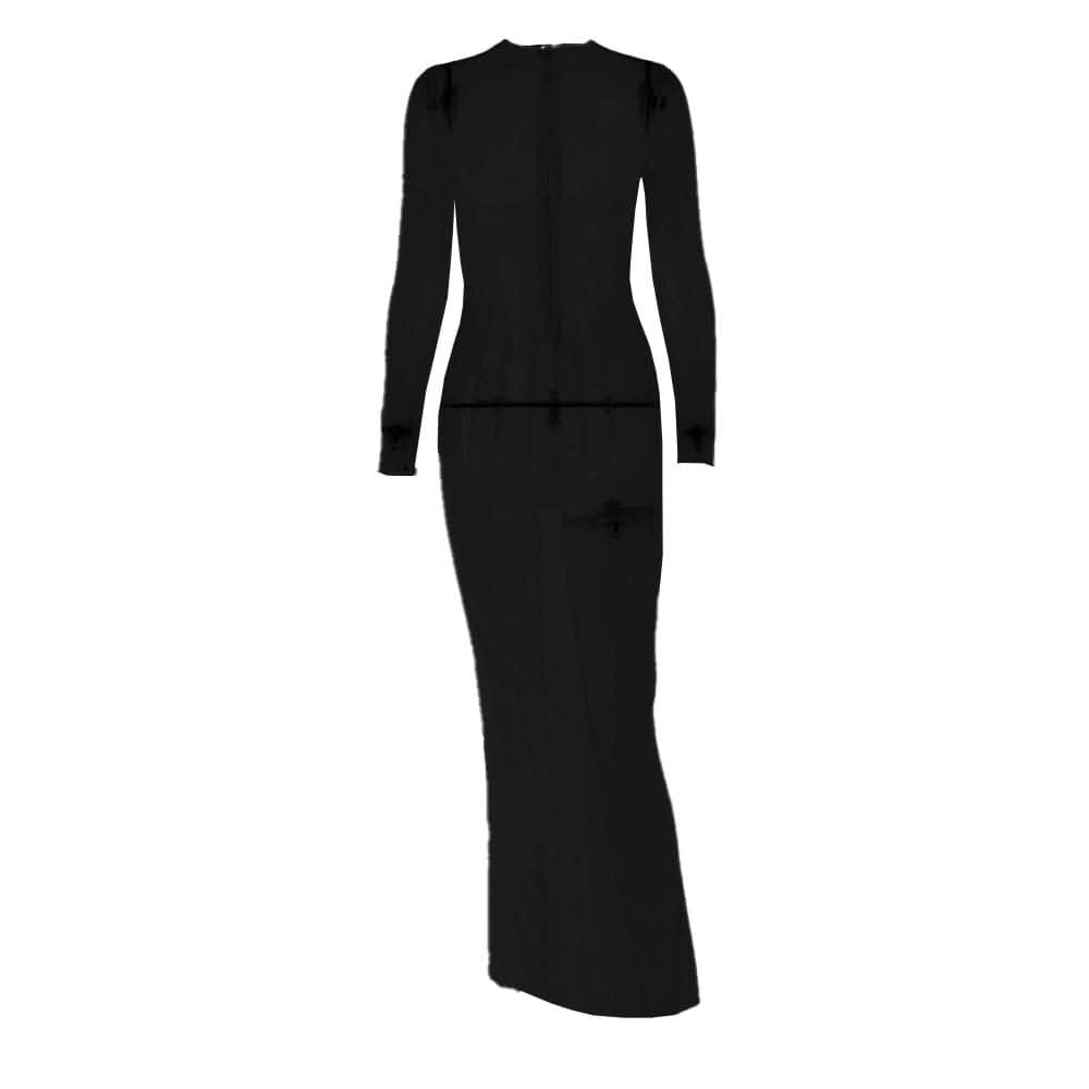 Long sleeve sheer mesh zip-up stitch maxi dress-final-sale  | Festival Outfits Women