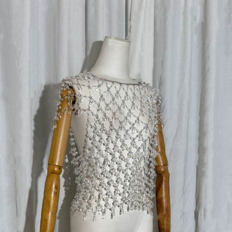 Crewneck crystal hollow out cut out top  | Festival Outfits Women-final-sale
