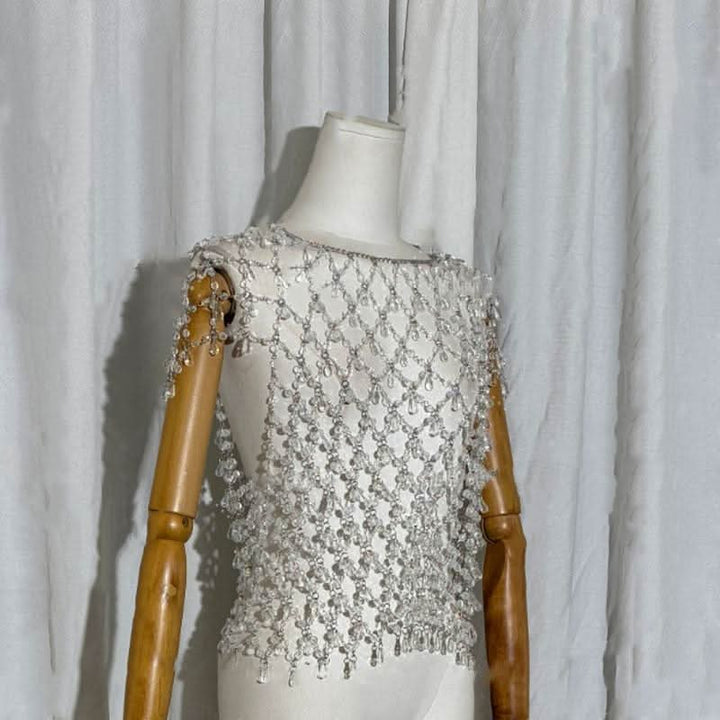 Crewneck crystal hollow out cut out top  | Festival Outfits Women-final-sale