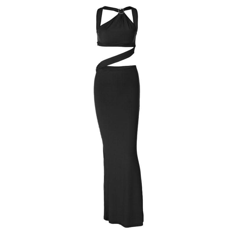 Backless hollow out o ring pearl chain solid cut out maxi dress-final-sale  | Festival Outfits Women