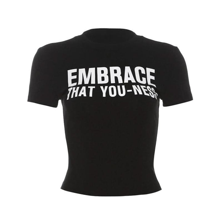 Crewneck short sleeve "EMBRACE" pattern crop top  | Festival Outfits Women