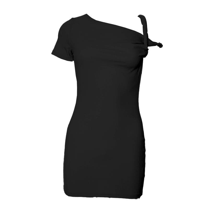 Short sleeve one shoulder ruched solid mini dress  | Festival Outfits Women