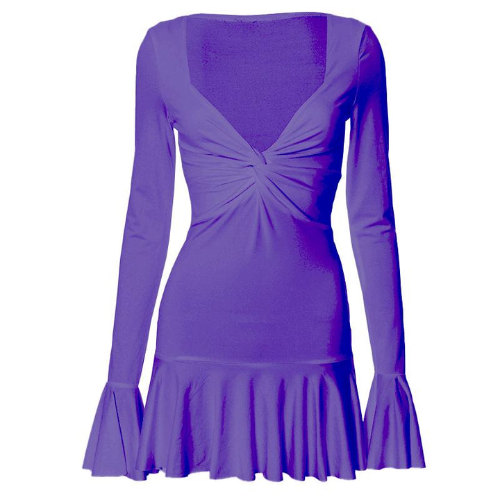 Long flared sleeve ruched v neck solid mini dress  | Festival Outfits Women