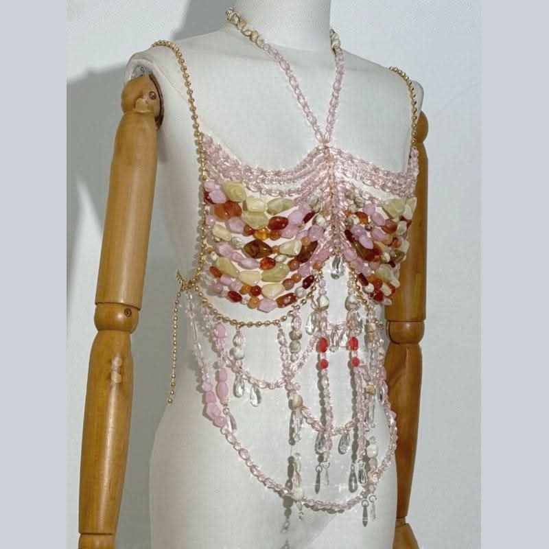 Beaded halter metal chain hollow out cami cut out top  | Festival Outfits Women