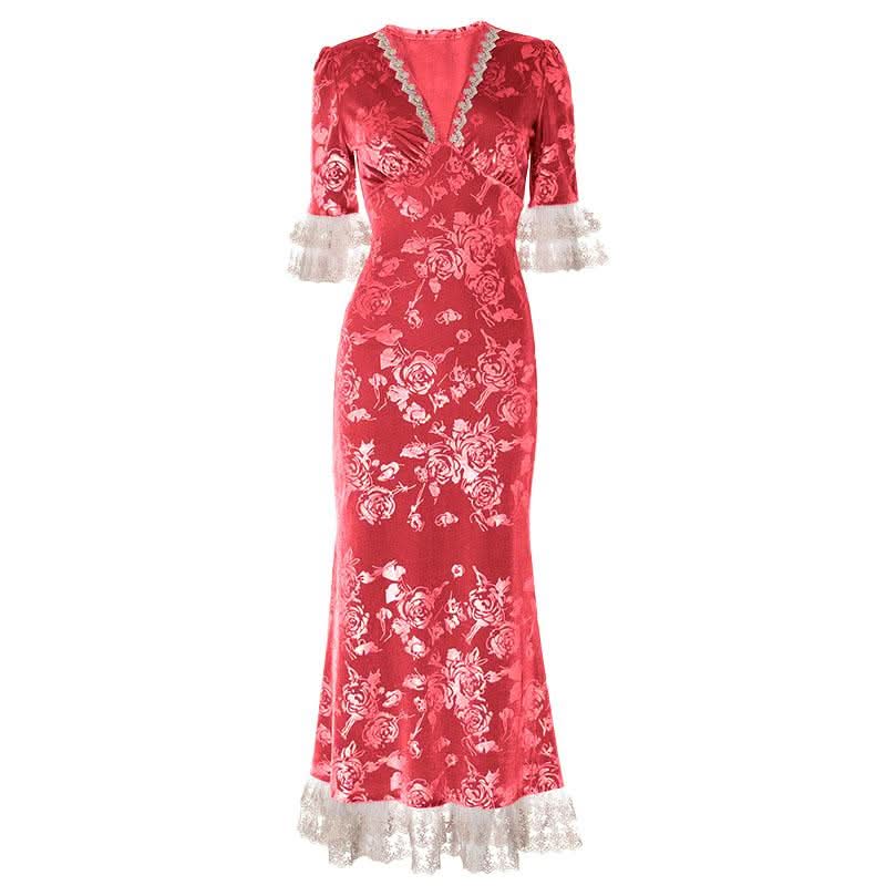 Lace hem v neck flower print velvet maxi dress  | Festival Outfits Women